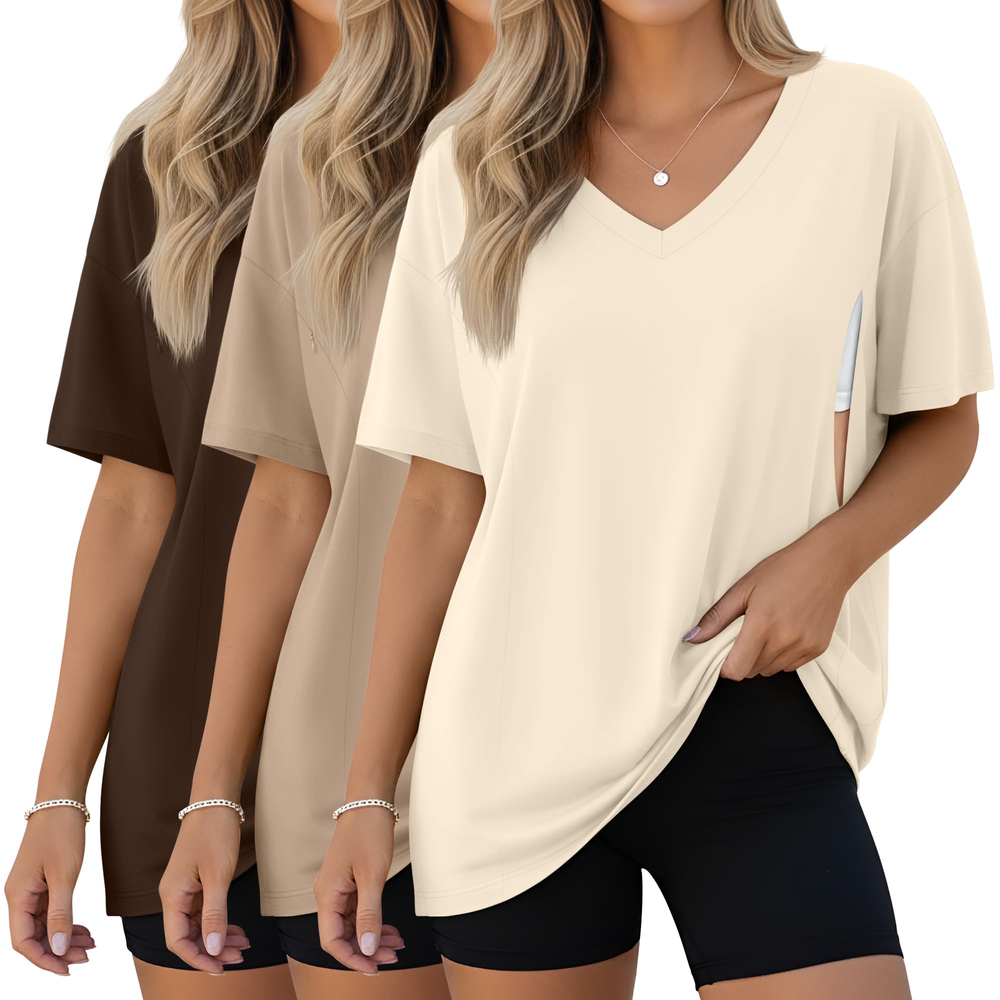 Xuniea Lot de 3 Hauts d'allaitement Oversize pour Femme, Coupe Ample, Manches Courtes, Fermetures éclair Invisibles
