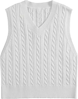 Locachy Women's Vintage Loose V Neck Sleeveless Cable Knit Preppy Style Pullover Sweater Vest