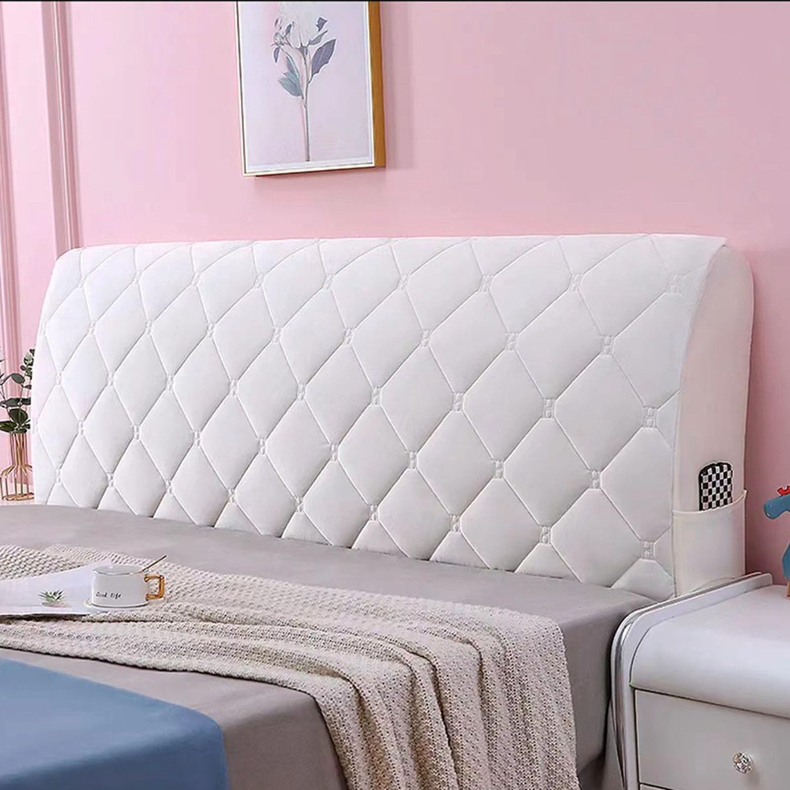 Wskcxhd White Headboard Slipcover Bed Headboard Cover Cushion Cover Quilted Cover Bed Backrest All-Inclusive Retrofit Household Universal,,150Cm(59In)