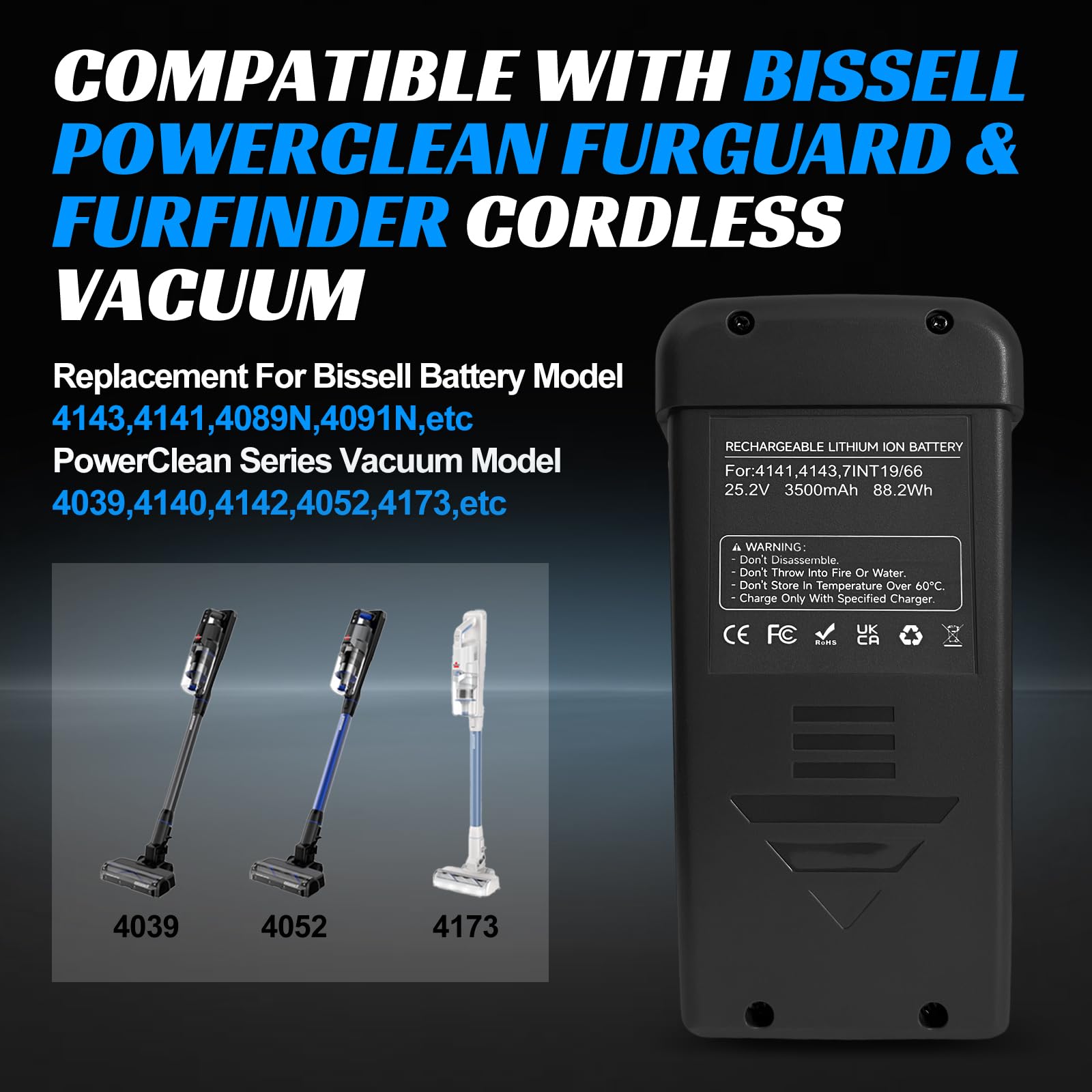 Batteria per aspirapolvere Bissell PowerClean, compatibile con PowerClean FurGuard 4091N, PowerClean FurFinder 4089N, ecc. Ricambio per batteria Bissell modello 4140, 4142, ecc.