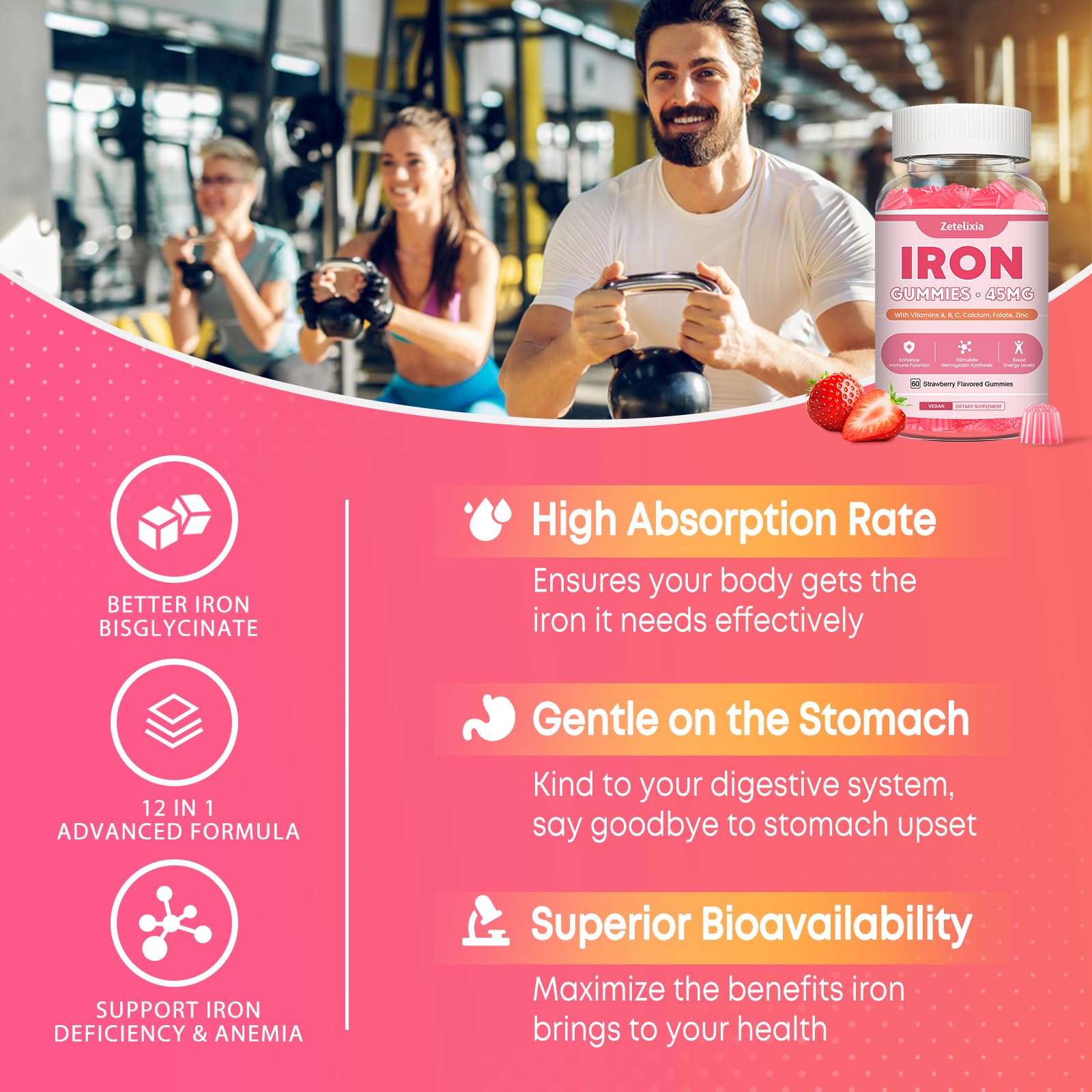 Vegan Iron Supplement Gummies for Women & Men, Anemia, Blood Builder & Energy Support for Iron Deficiency, with Vitamin C, A, B Complex, Folate, CoQ10, Sugar Free, Non-GMO, 60 Count — Amazon image 3