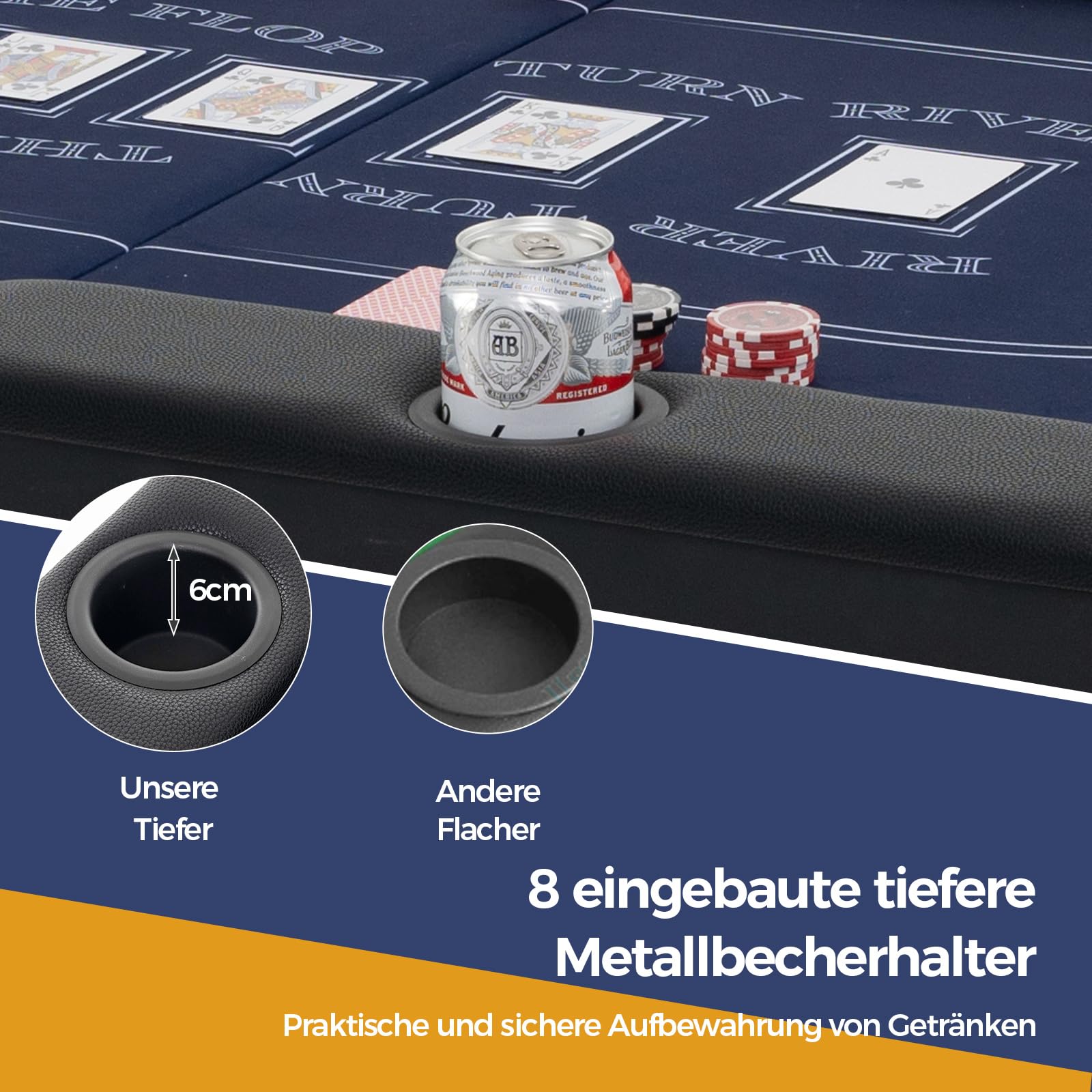 COSTWAY Pokertisch klappbar für 8 Spieler, Casino Spieltisch mit Getränkehaltern, Texas Hold'em (Blau)