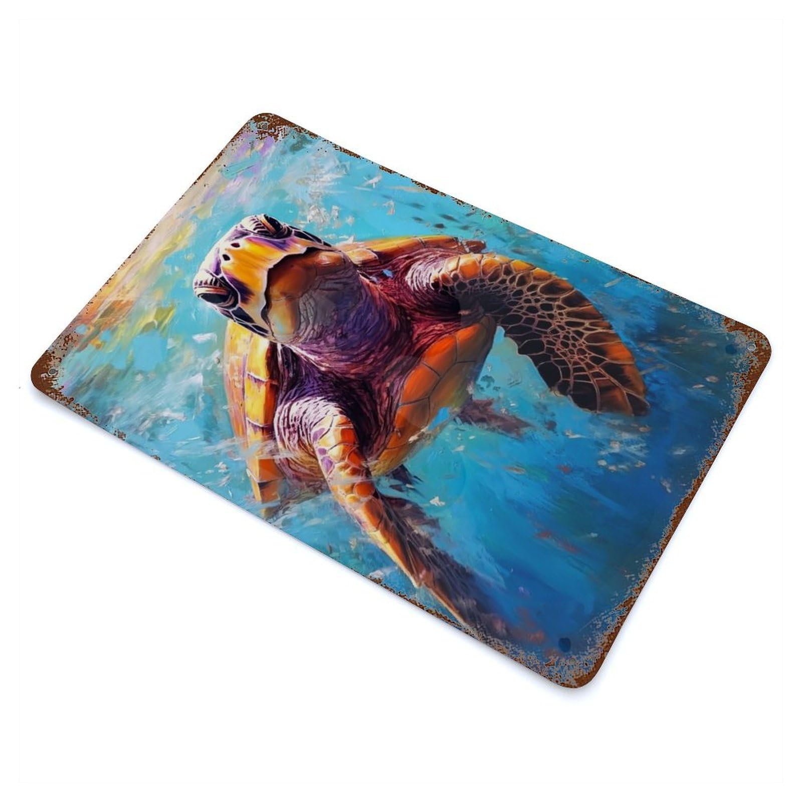 Rust Effect Palette Turtle Painting Aged Metal Wall Plaque 11.8"x7.9", Rustic Home Decor for Bistro, Counter And Cafe Decor
