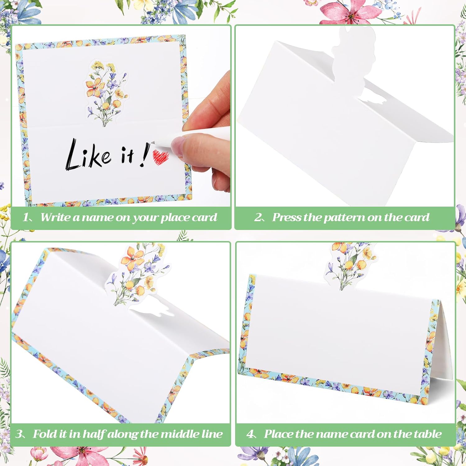 Epakh 100 Pcs Floral Place Cards Bulk for Table Setting Wildflower Name Tags Folded Tent Paper Place Cards for Wedding Baby Shower Birthday Banquet Buffet Party Table Setting Placecard Placement