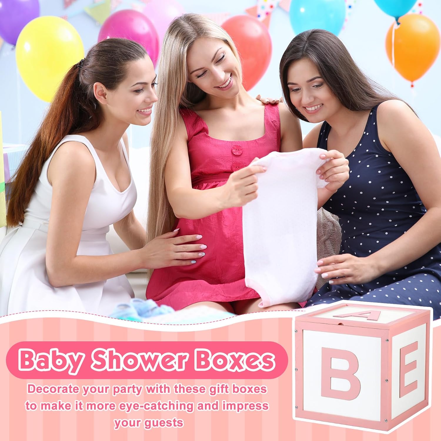 Chunful Wood Baby Shower Box ABC Display Box for Party Decorations with Alphabet Letters Personalized Shower Gifts Basket Party Blocks Backdrop for Boys and Girls (Pink,White)