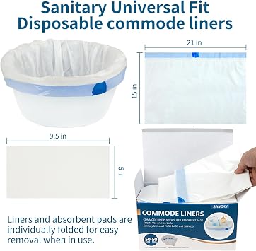 Commode Liners with Absorbent Pads | 50Bags+50Pads for Bedside Toilet Chair Bucket | Universal Fit | Bedside Commode Liners and Pads(50Bags + 50Pads)