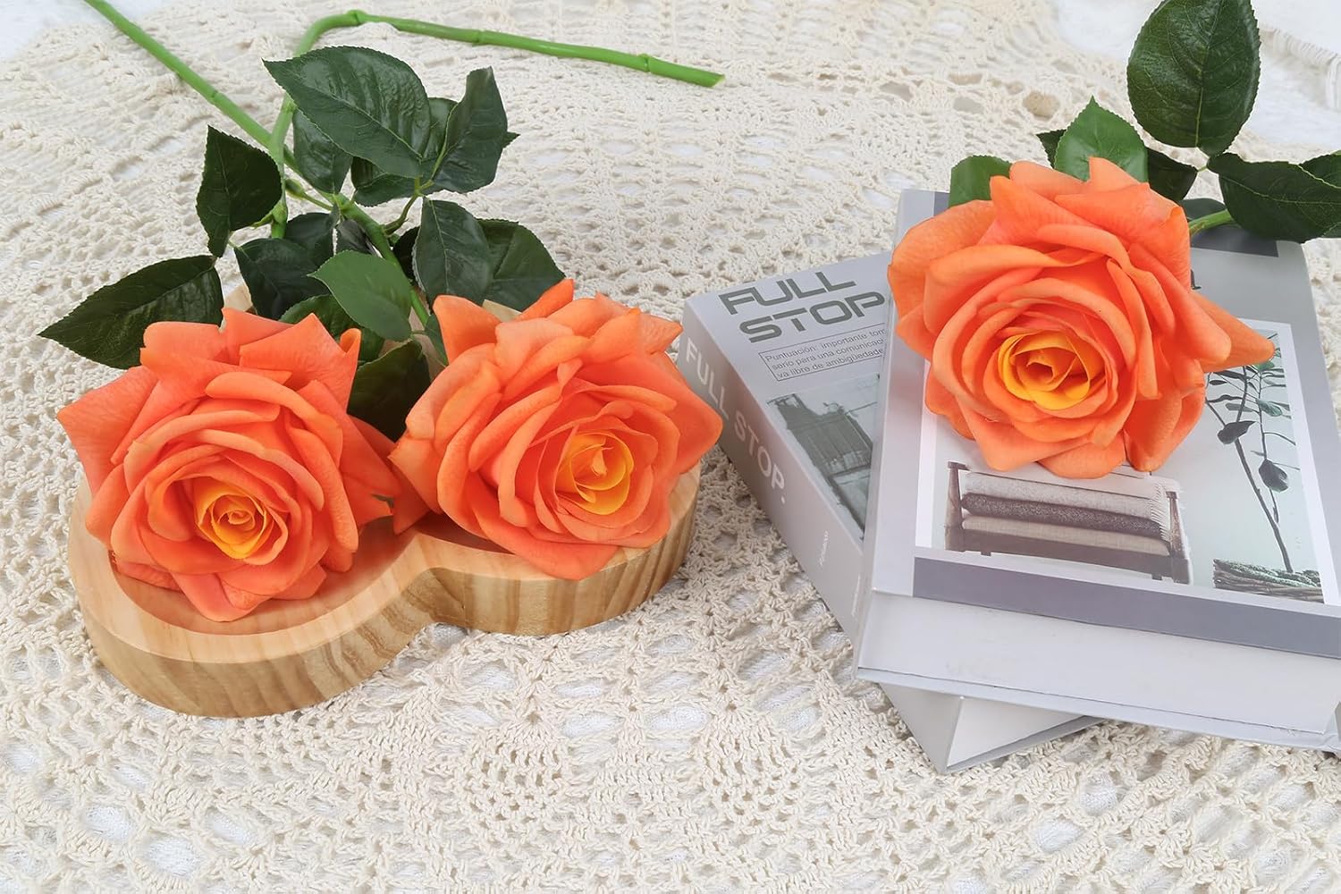 Real Touch Orange Roses Artificial Flowers 3Pcs Latex Faux Roses Flowers with Long Stem 25” Lifelike Fake Roses for DIY Wedding Bouquet Table Centerpiece Home Party Fall Decorations (Orange) - Image 5