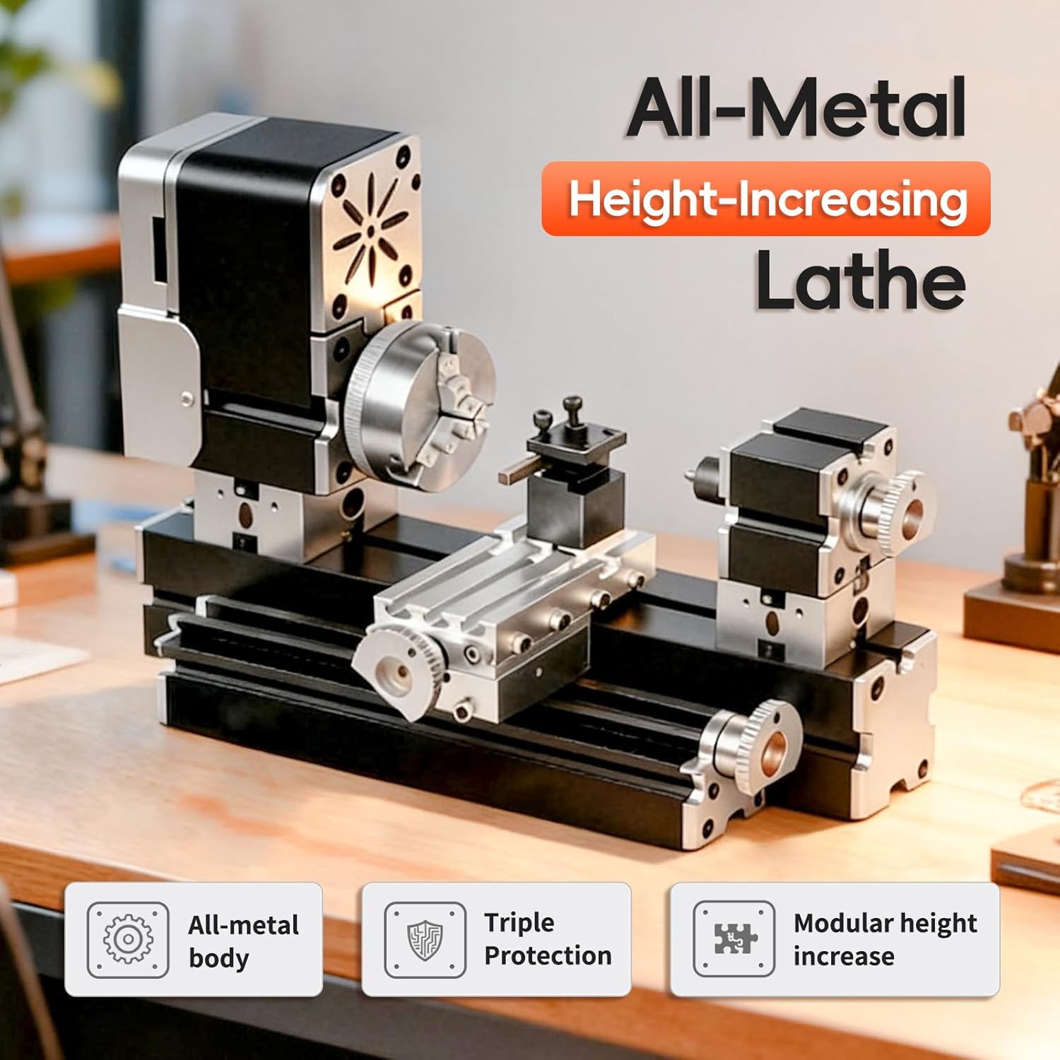 All-Metal Elevated Mini Safety Lathe 36W, 20,000RPM Precision Metal & Wood Turning Machine – Durable Desktop Lathe for DIY Projects, Crafts, Model Making & Education