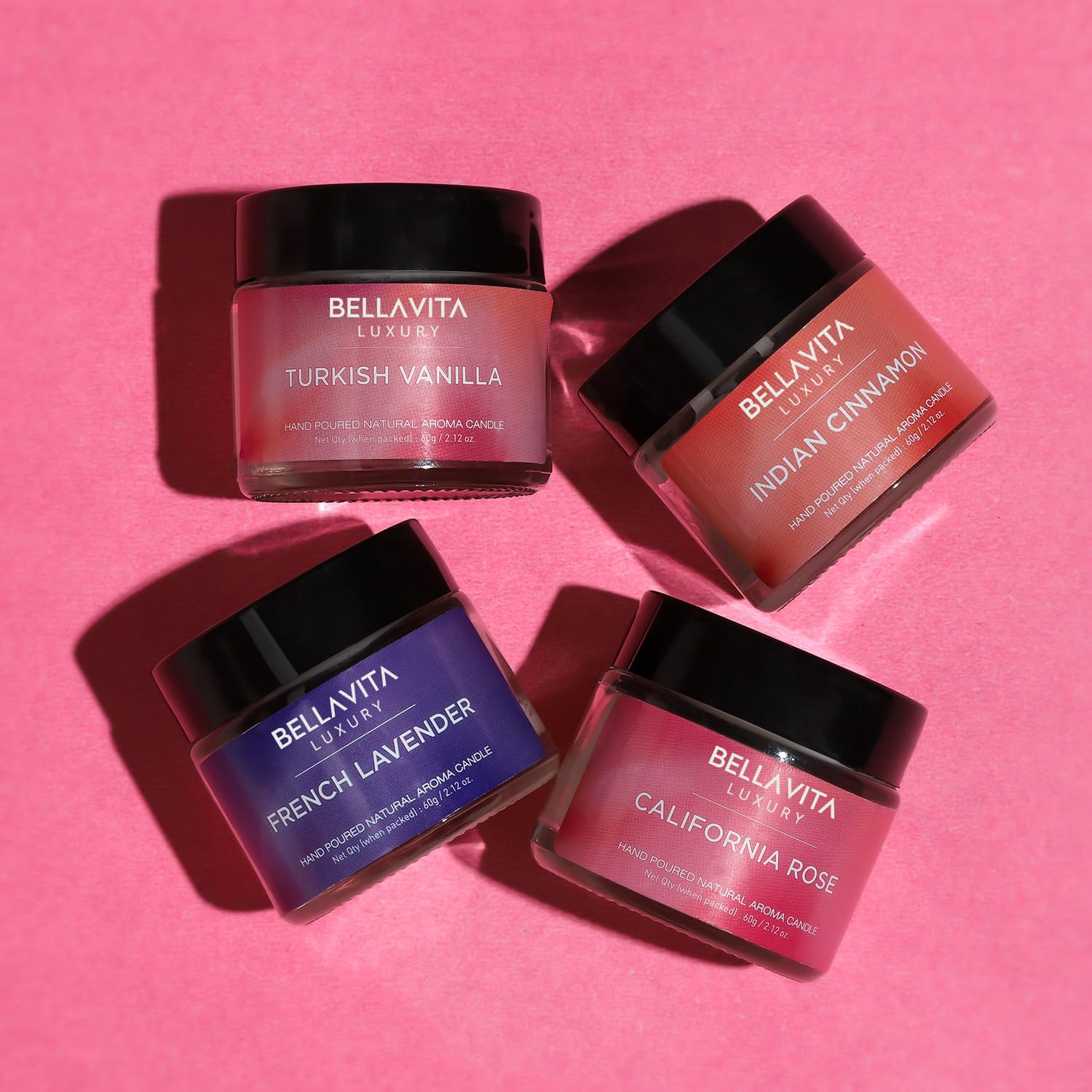 Bella Vita Organic Soy Wax Aroma Candles Set Of 4 Scented Aromatic Fragrance Vanilla, Cinnamon, Lavender & Rose For Gifting Home, 60 Gms Each,Up To 15 Hours Burn Time - Image 2