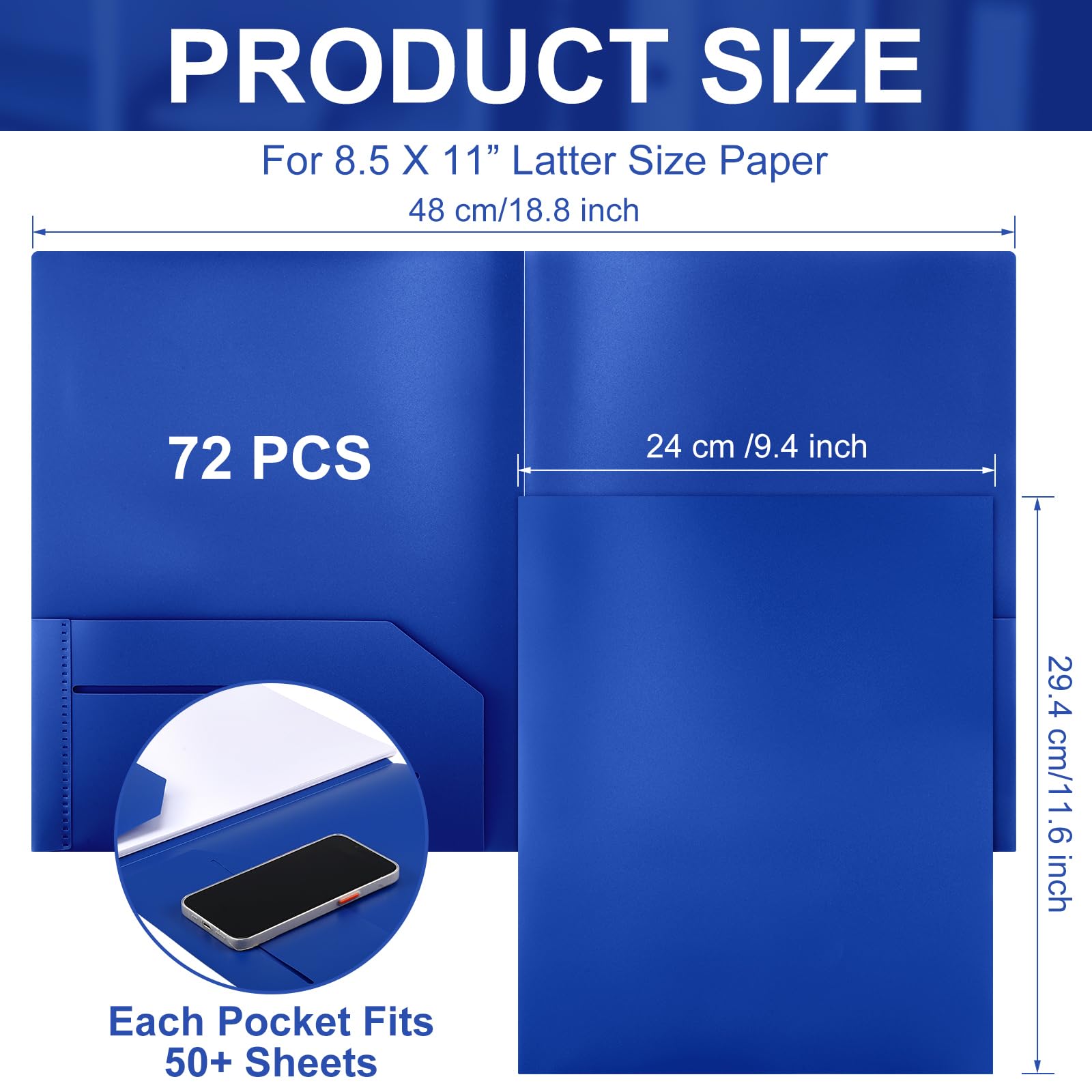 Cholemy 72 carpetas de plástico con 2 bolsillos de 11.6 x 9.4 pulgadas, carpetas de archivos resistentes de colores para papel tamaño carta, a granel, para escuela, oficina, hogar, negocios (azul)