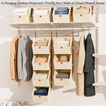 DIMJ Hanging Wardrobe Organiser 4 Tier - Clothes Hanging Shelves, Space-Saving Closet System, Fabric Storage Boxes Bedroom Organization, Collapsible Baskets for Home, Dorm, Rv, Beige
