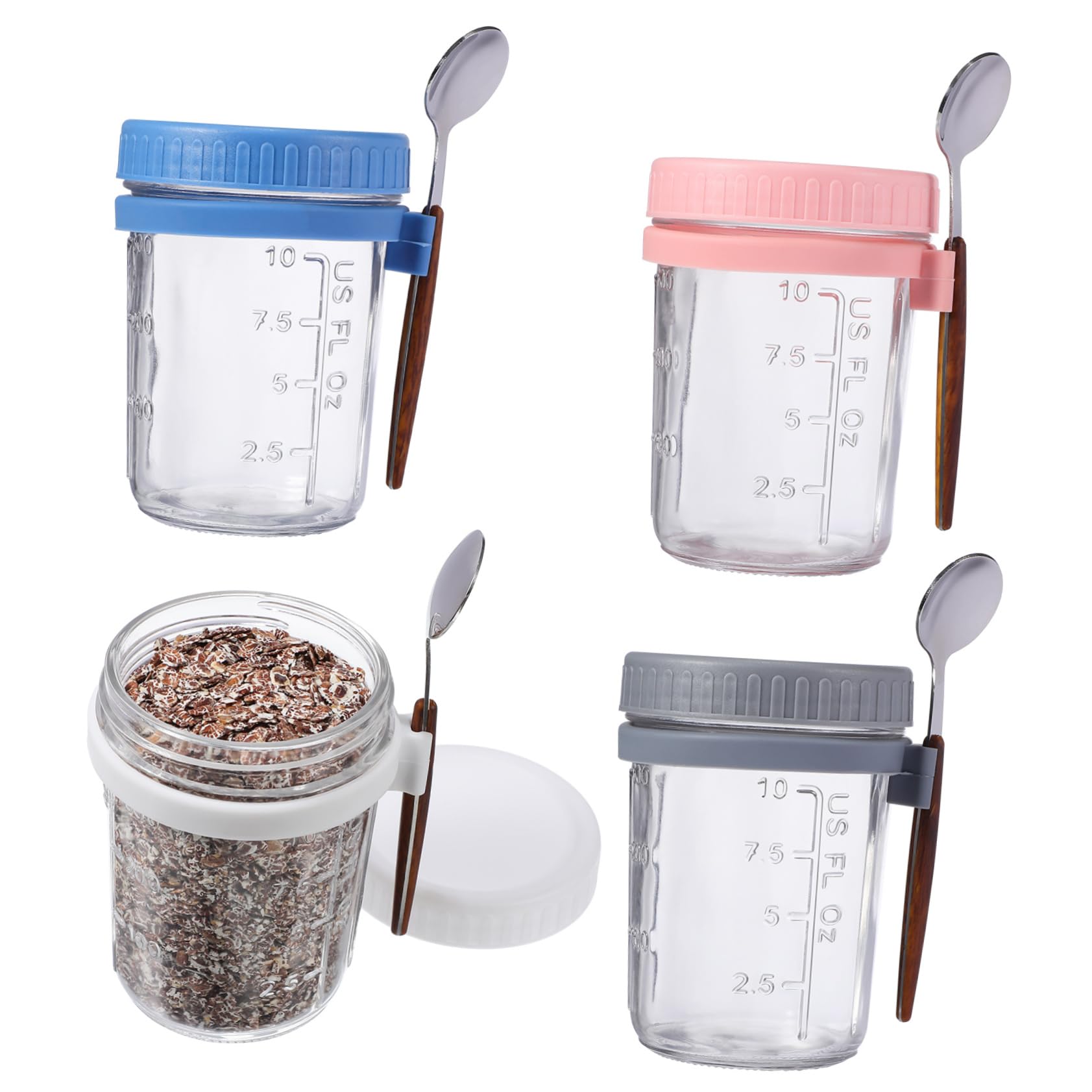 4 Stück Overnight Oats Behälter aus Glas 400ml mit Deckel und Löffel Vorratsdose Glas mit Holzdeckel Luftdicht für Küche und Dorm