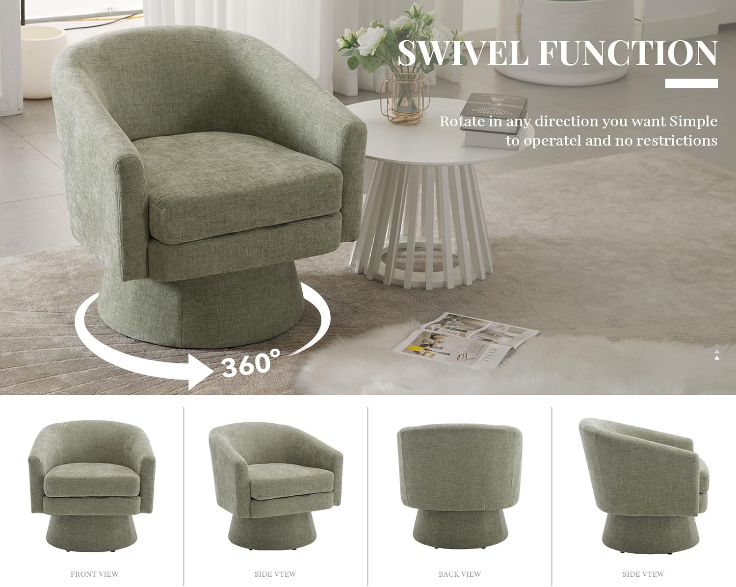 Green Modern Swivel Accent Chair Set of 2 Upholstered Chenille Barrel Chair Boucle Vanity Reading Chair Cozy Round Single Sofa Arm Chair Club Side Chairs for Bedroom/Waiting/Living Room