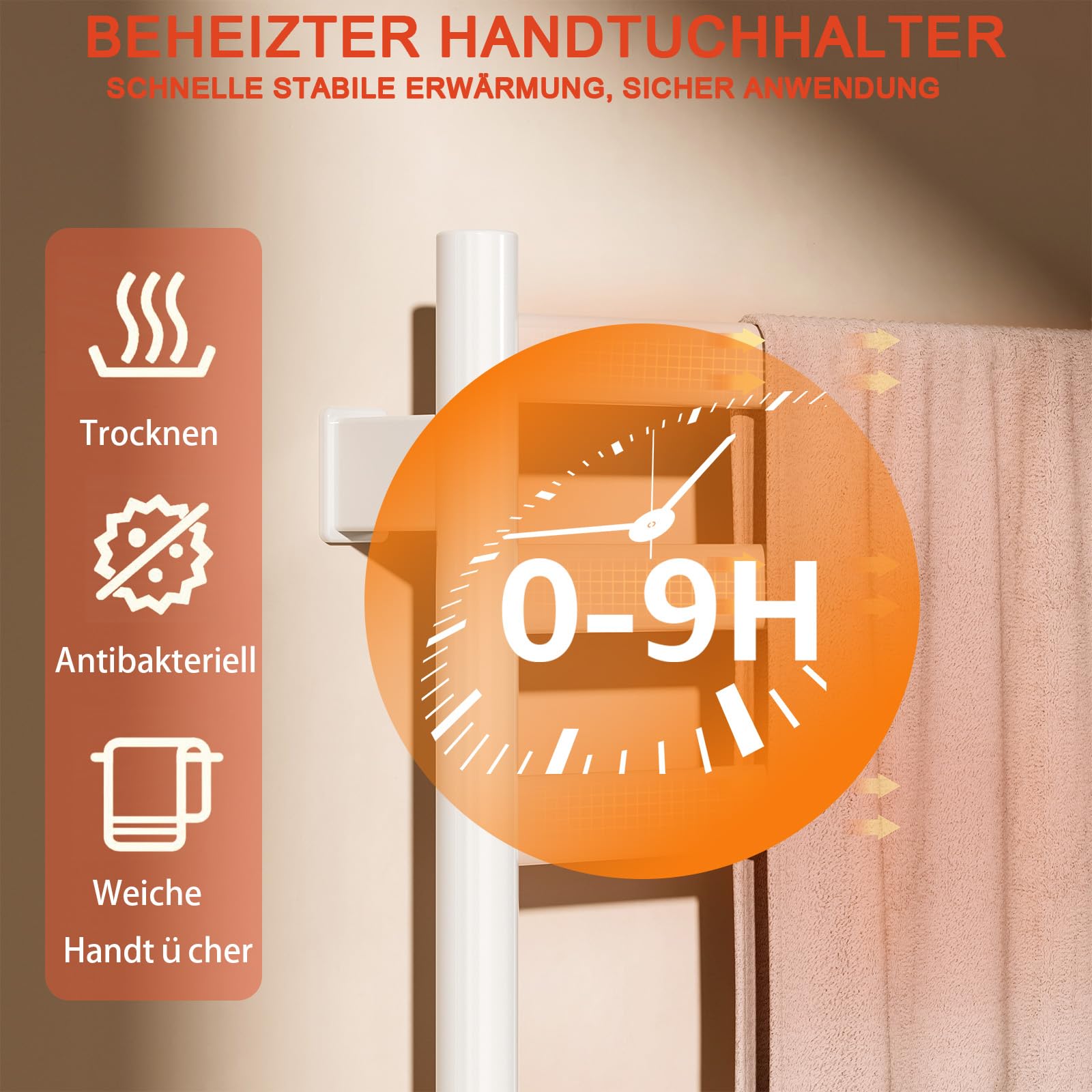 Badheizkörper Elektrisch 285W Handtuchheizer Einstellbare Temperatur 35°-70°C, handtuchwärmer mit 1-9 H Timer-Funktion, Handtuchtrockner mit LED-Touchscreen, IPX4. 50x100cm, weiß