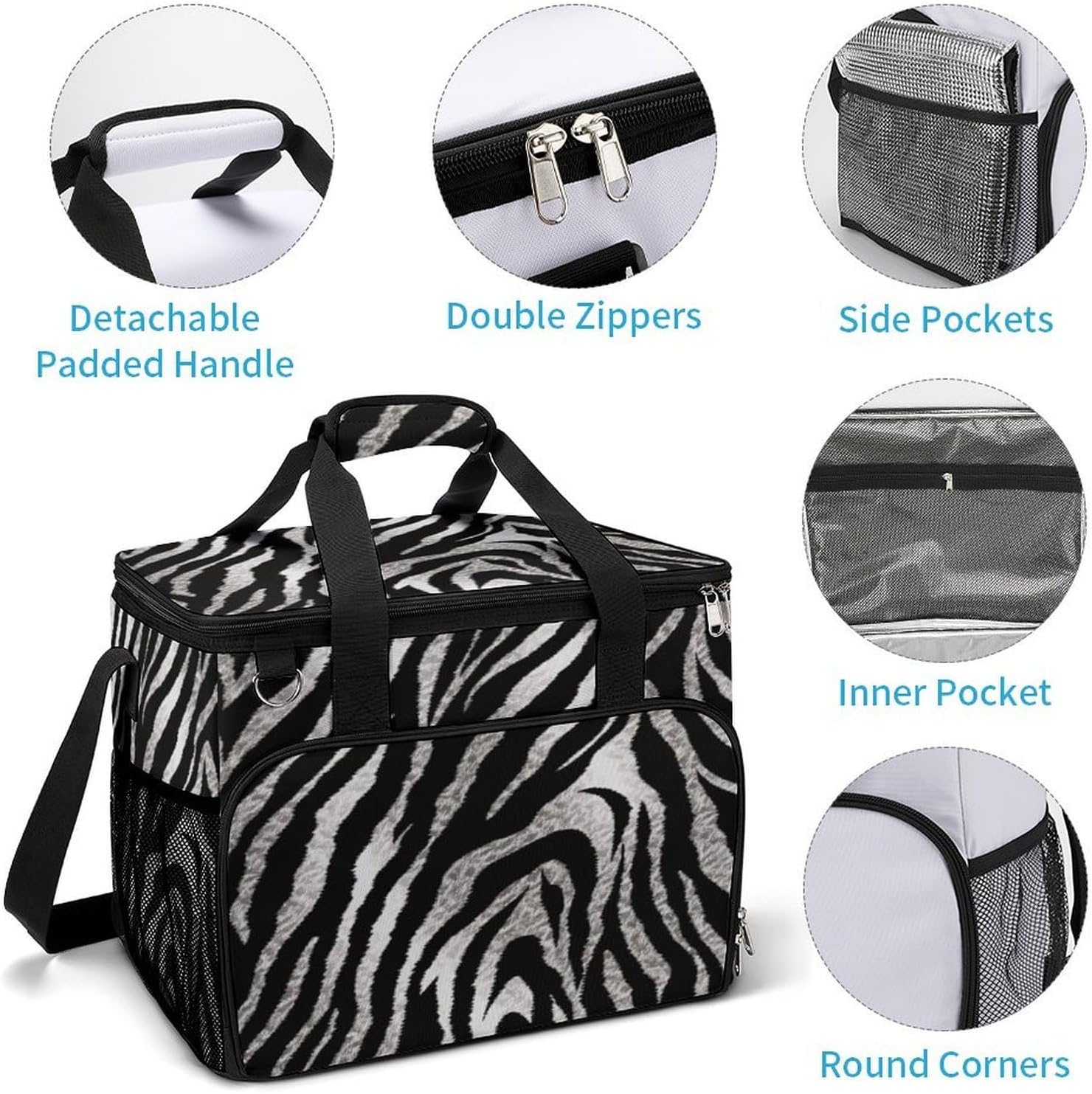 Insulated Picnic Backpack Tote Bag, Large Capacity 30L Black and White Zebra Print Cooler Bag Leakproof Beach Bags Portable Lunch Box Waterproof Picnic Basket for Beach Camping BBQ