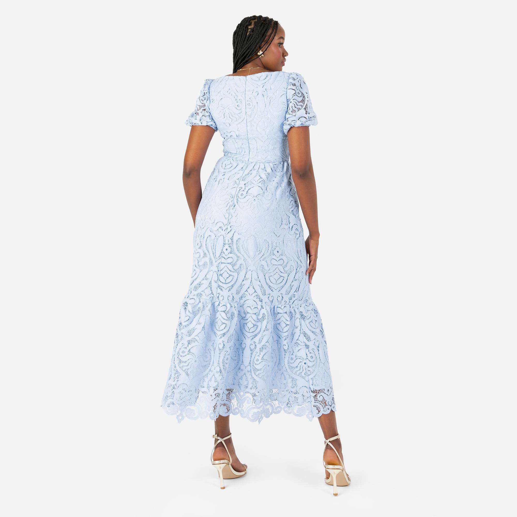 Maya Deluxe Damska Sukienka Damska Midi z Dekoltem w Serek, Krótki Rękaw, Koronka, Linia A-line Wedding Guest Occasion Dress, Cornflower Blue, 52
