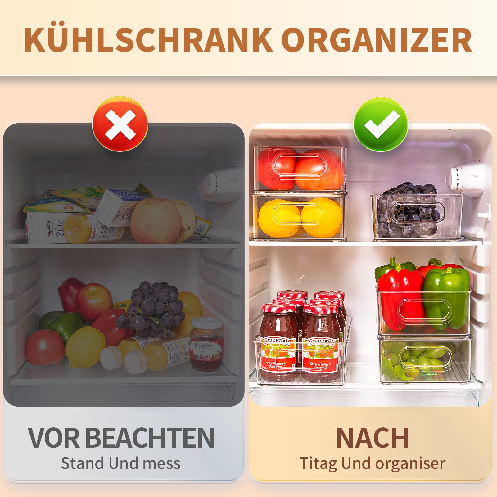 Kühlschrank Organizer 6er Set, Stapelbare Küche Aufbewahrungsbox & Organisation Gschublade Fridge Organizer Box, Kitchen BPA Frei Storage Ideal für Küchen, Kühlschrank, Schränke- BPA-frei