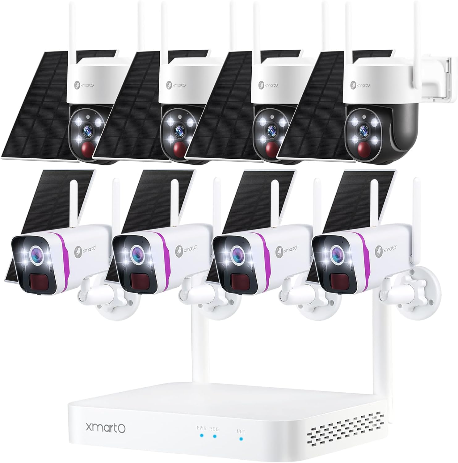 XMARTO 100% Wire-Free Solar Home Security Camera System Wireless, 4-Set 2K CCTV Camera Kit with 4K 10CH Expandable WiFi NVR + 4PCS Wire-Free PTZ Solar Security Camera