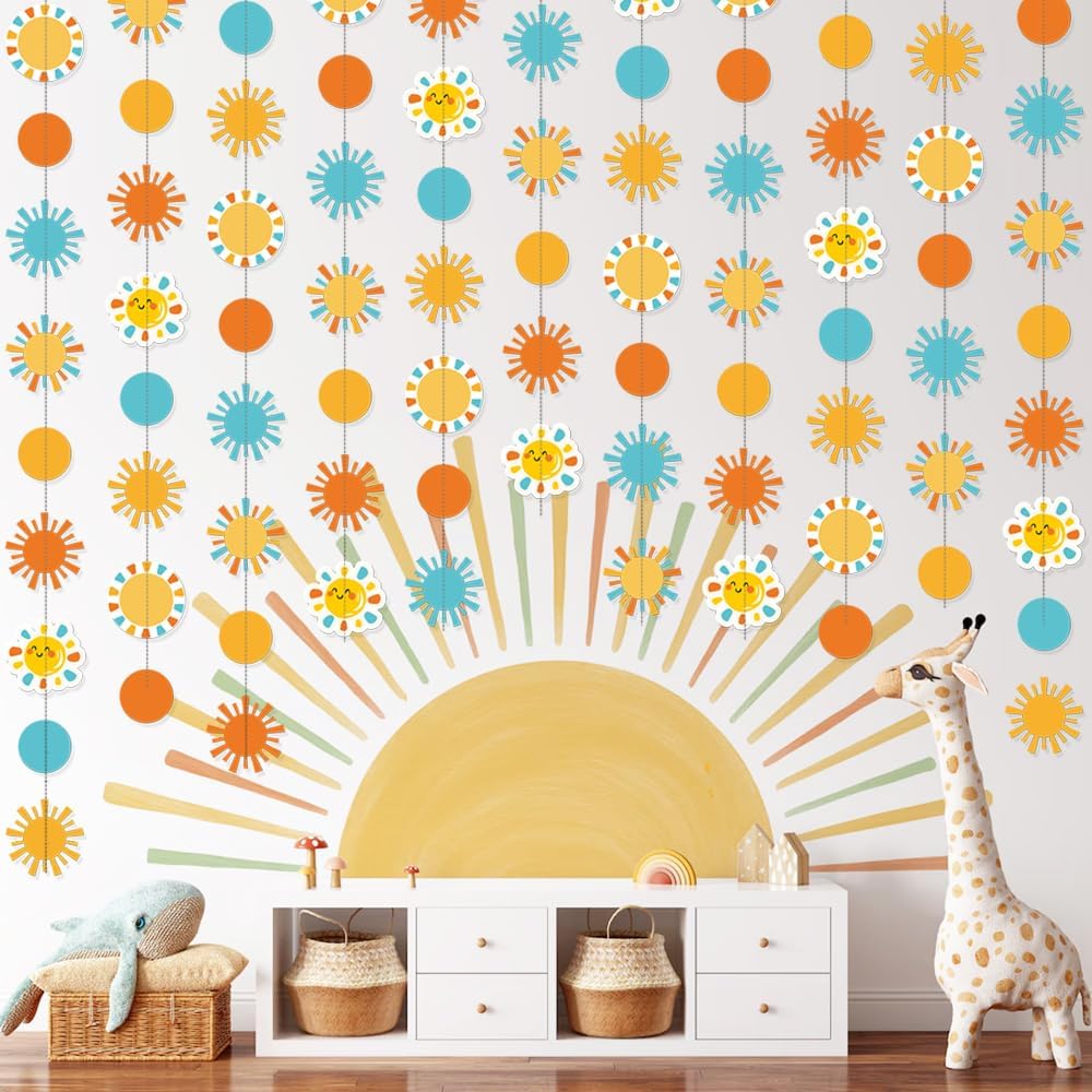 Here Comes The Son Baby Shower Decor - 44Ft Sun Garland Hanging Paper Streamer, Here Comes The Sun String Banner Backdrop, Ideal for Baby Shower Birthday Decorations Party Supplies