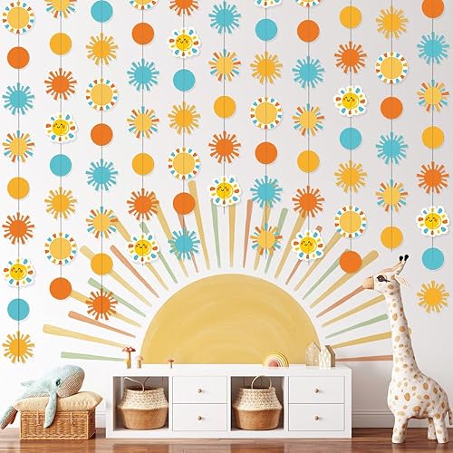 Miniatura 5 de Guirnalda de papel bohemia para decoración de fiesta de sol, pancarta retro preencordada de 44 pies, perfecta para el primer viaje alrededor del