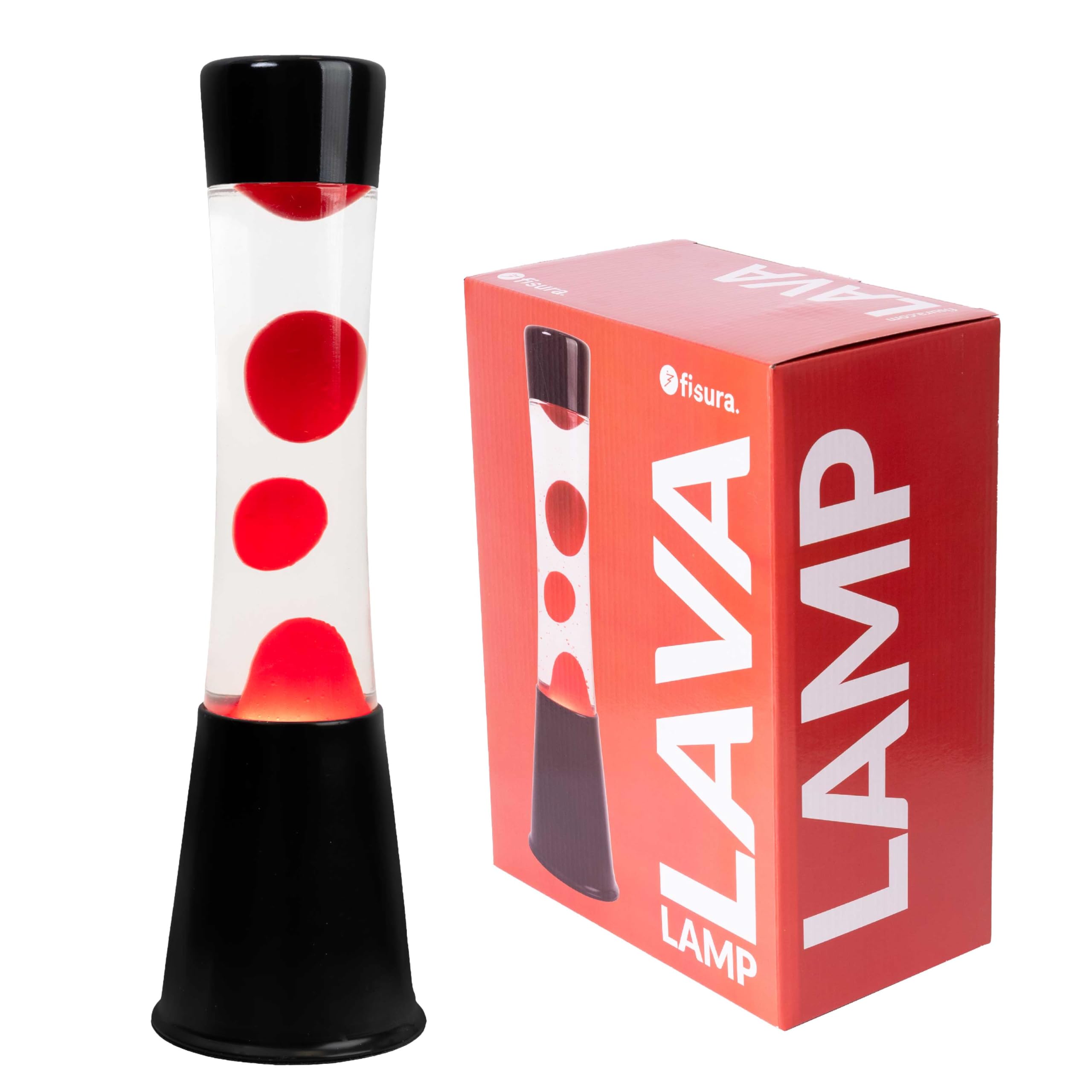Fisura - Red Lava Lamp - Black Base, Clear Liquid and Red Lava - Relaxing Effect Lamp - With Replacement Bulb - 11cm x 11cm x 39.5cm