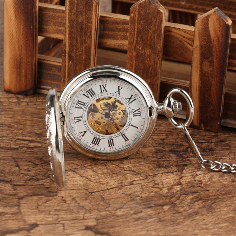 Pocket Watch Hohle Blumen Mechanische Tasche Watch Hand-Wind Retro Exquisite Ziffern FOB Pocket Uhren Reloj de Bolsilllo mit Kette, Silber