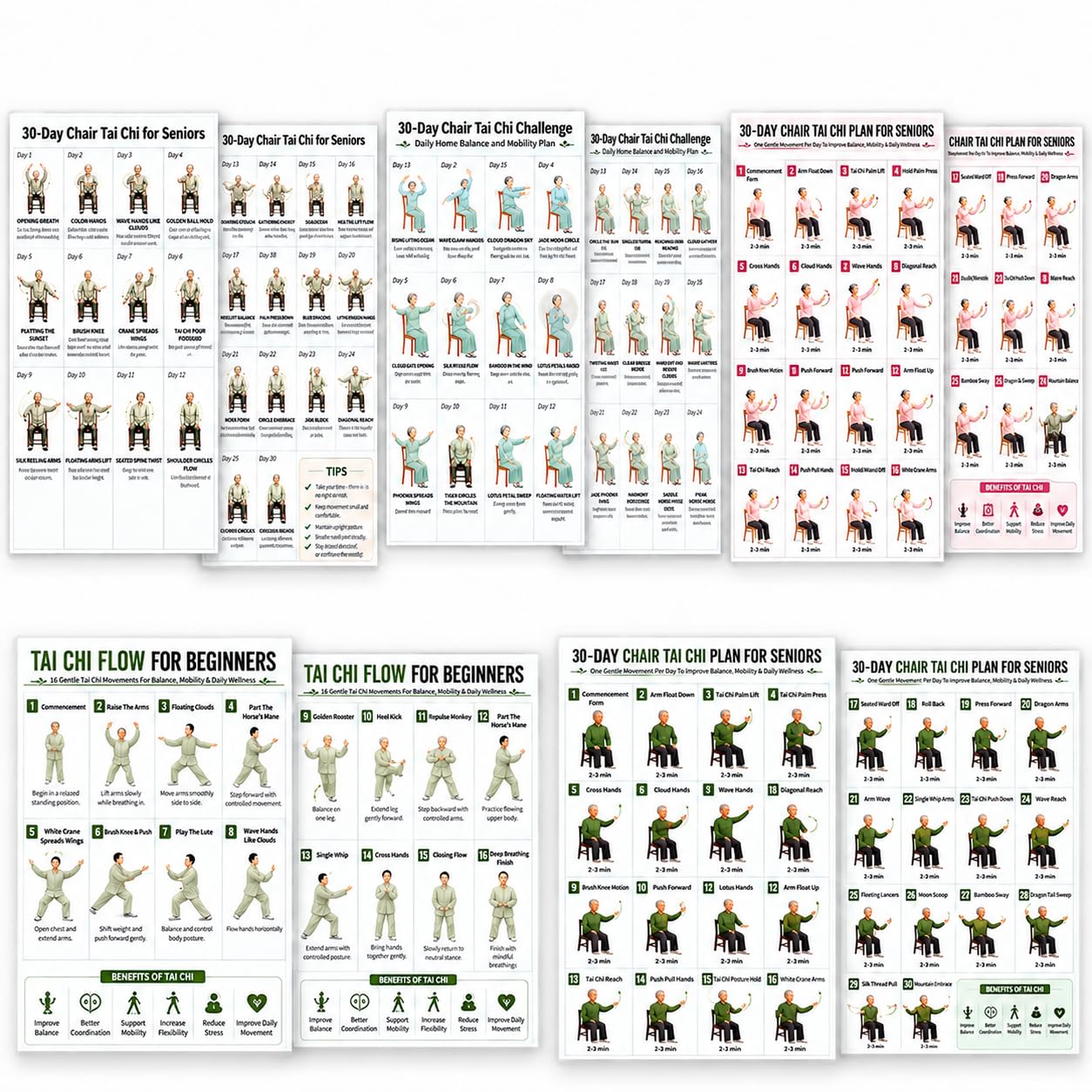10 Tai Chi for Seniors Charts, 25.4 x 20.3 cm Unframed Coated Paper Set