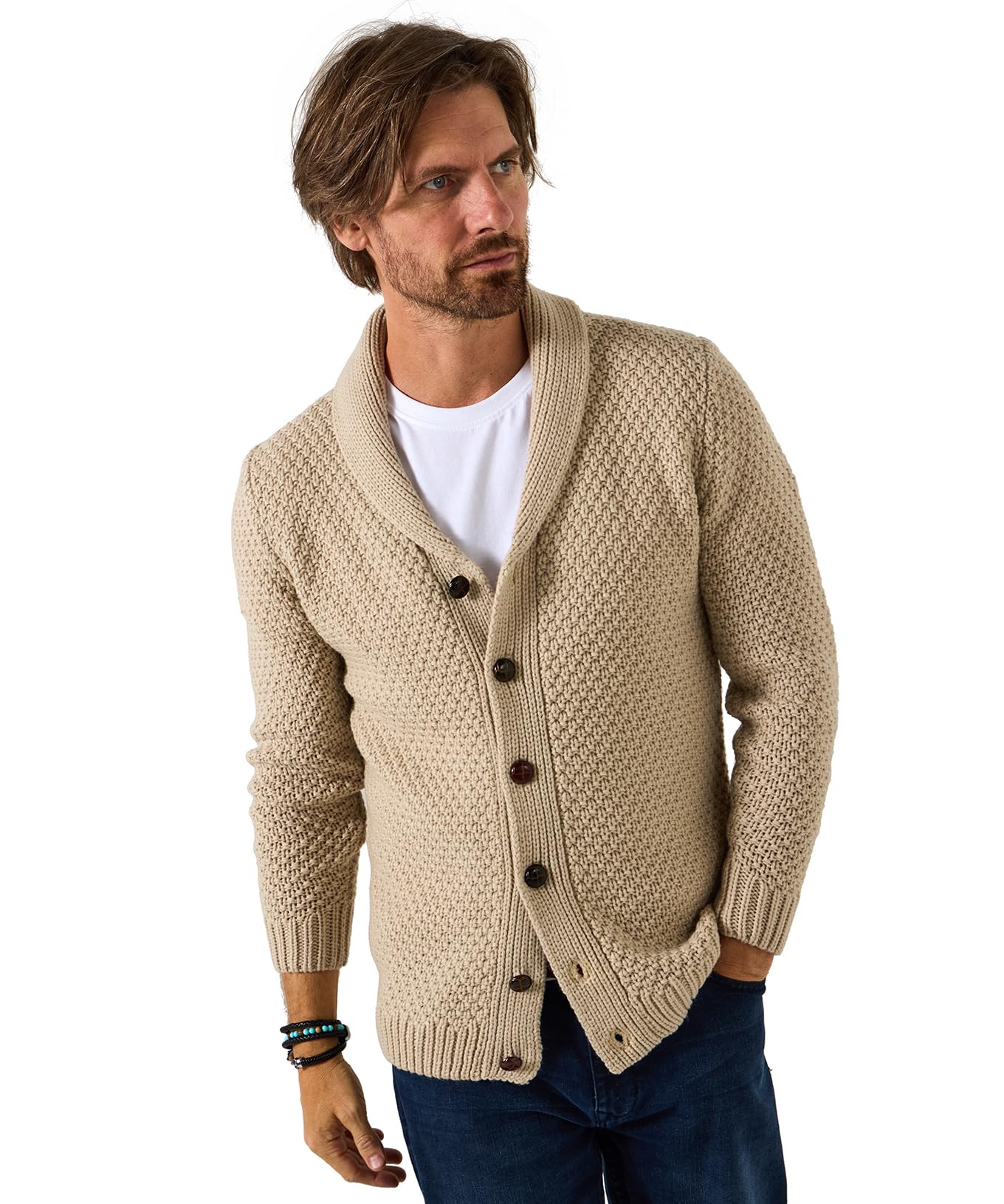 Joe Browns Men's Cosy Shawl Neck Winter Knit Cardigan Sweater, Cream, S