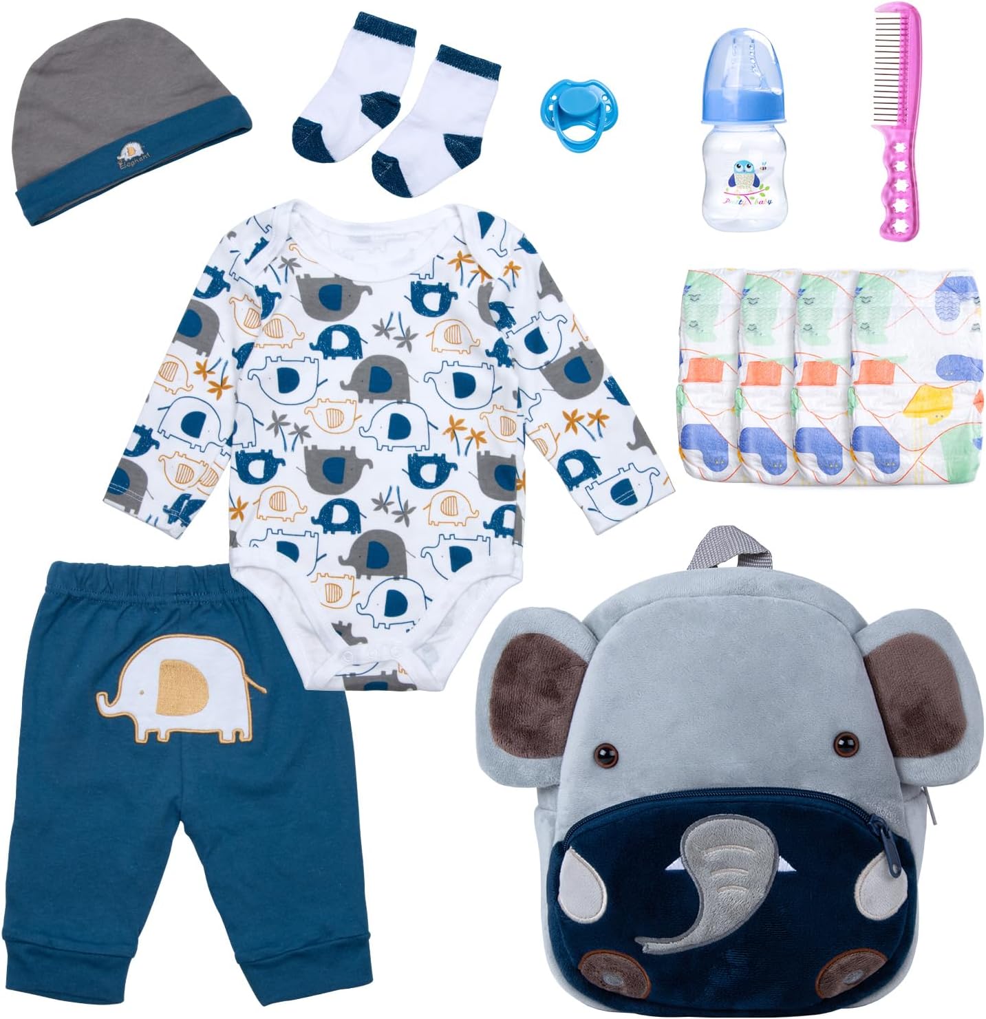 12 Pcs Reborn Baby Dolls Clothes Boy Outfit Accessories Elephant Theme Set for 17-22 Inch Reborn Dolls Newborn Boy with Elephant Backpack Diaper