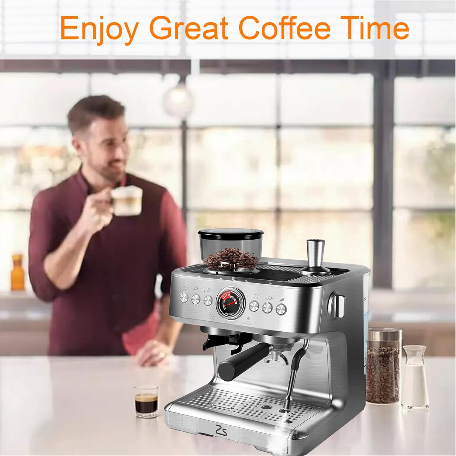 Semi-Automatic Espresso Machine, 20 Bar Coffee Maker with 30 Grinding Setting, Espresso Maker with Grinder, Milk Frother, Steam Wand & Removable Water Tank, Espresso Latte Cappuccino Maker