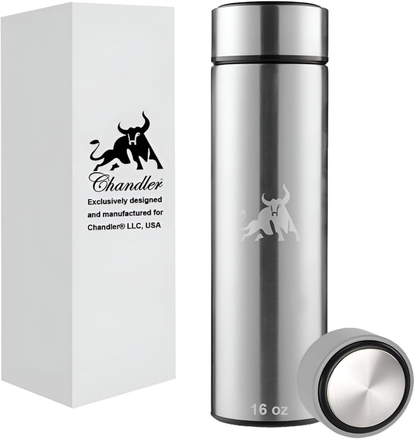 Chandler Botella de acero inoxidable al vacío de 16 onzas  Botella de viaje aislada para café caliente y frío, té y bebidas  Se adapta a soportes de