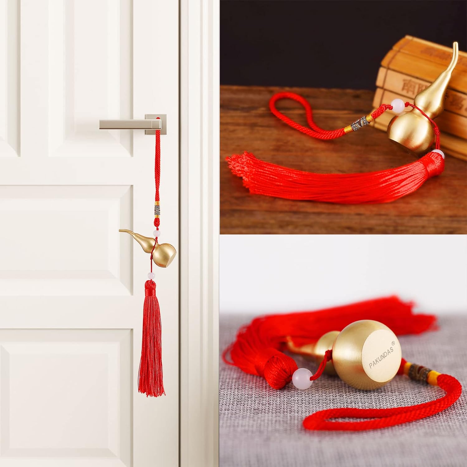 Feng Shui Brass Wu Lou Golden Gourd with Red Luck Strip Treasure Pendant for Bedroom,Car Hanging Ornaments,Fortune Protection,Hu Lu Bring Good Luck Safty Success,2.75inch Tall,Full...