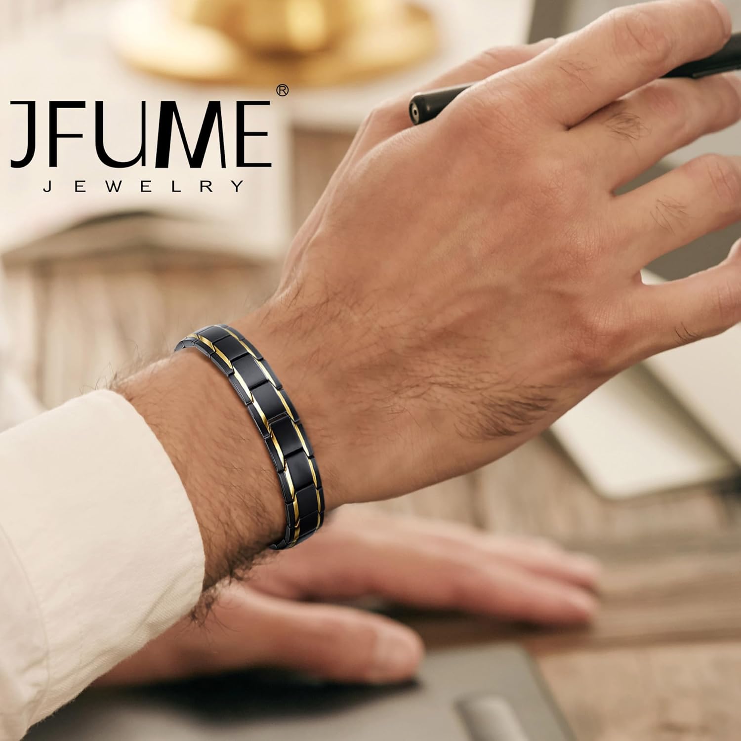 JFUME Men Magnetic Bracelet 18k Gold Plated Stainless Steel Jewelry with Link Remove Tool 8.5" Adjustable - Image 2