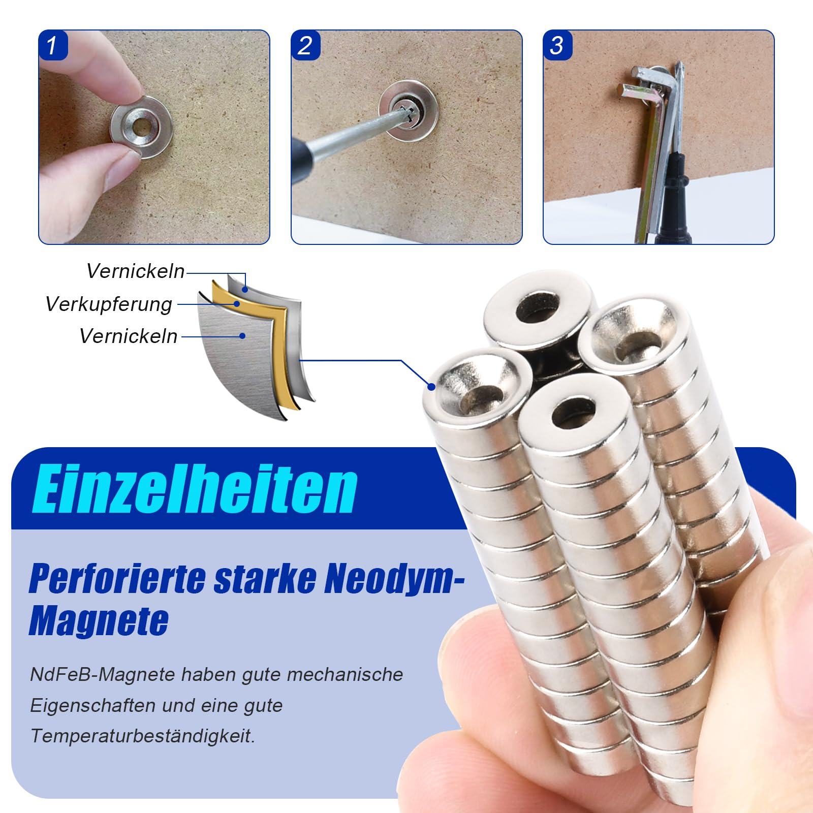 60 pezzi di magneti extra forti, 10x3mm, magneti al neodimio con foro per viti, diametro di affossamento 3 mm, magneti piatti rotondi per avvitare su lavagna magnetica, bacheca, frigorifero, cucina