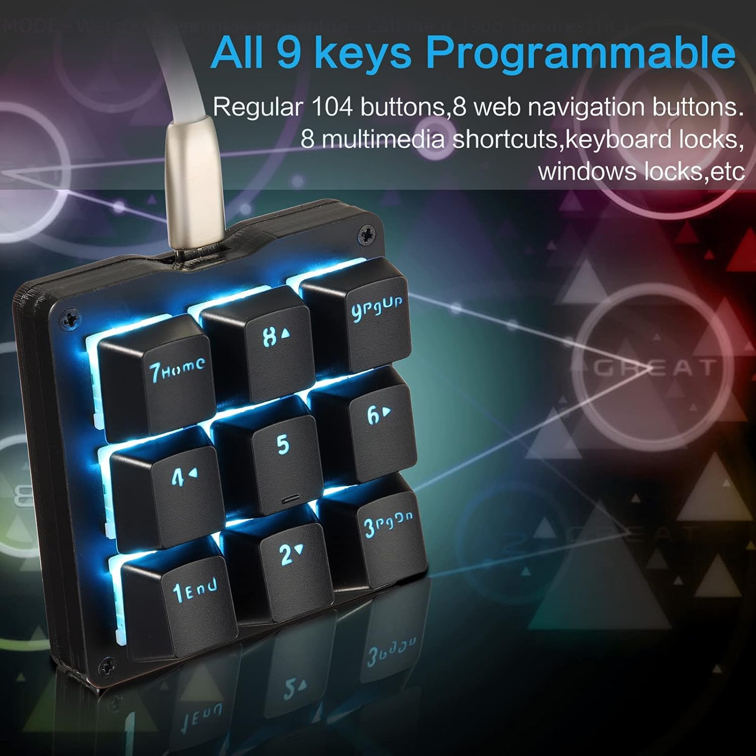Koolertron Mechanical Numpad Macro Keyboard, 9-Key Numeric Keypad LED Backlit Gaming Keyboard, Fully Programmable Number Pad Keyboard, Computer High Ground Mechanical Macro Number Keypad
