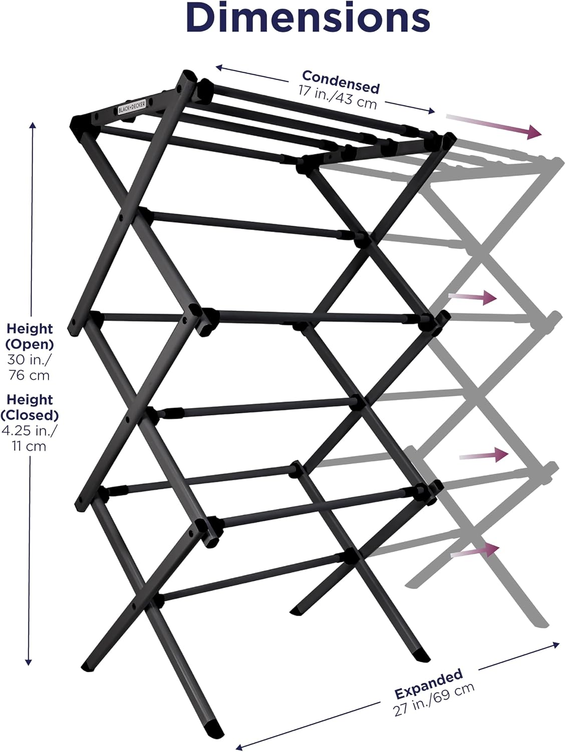 BLACK+DECKER Space Saving 3-Tier Expandable Clothes Drying Rack, Foldable Laundry Rack for Indoor Air Drying, Rust Resistant Steel, 24.6 Ft Drying Space, Black
