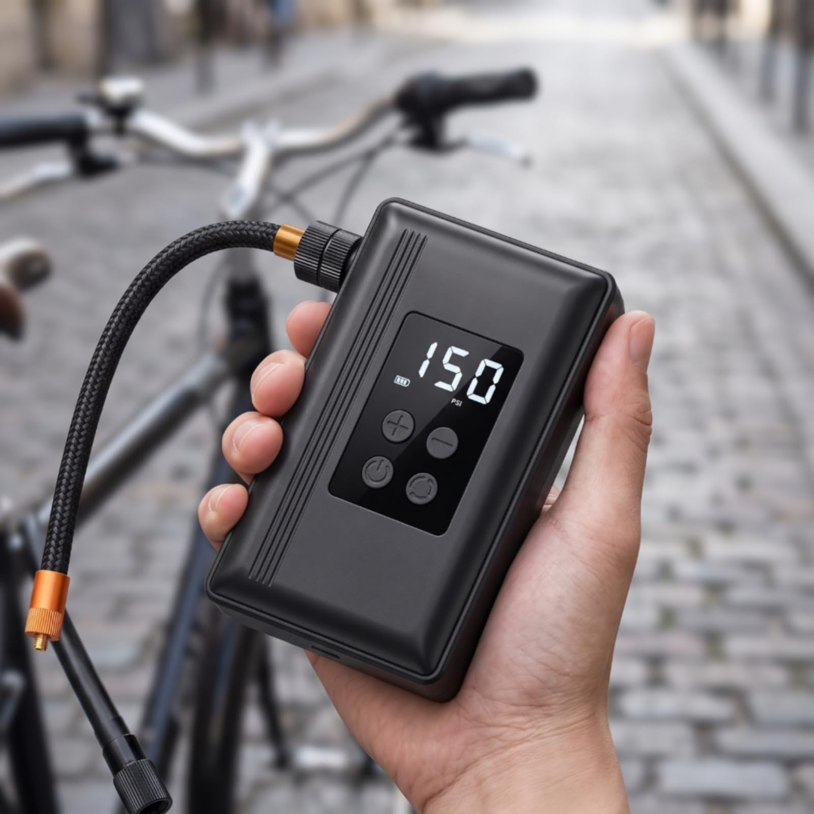 Bomba de Aire para Bicicleta Inflador Eléctrico Portátil Compresor Inalámbrico con Batería Recargable Pantalla Digital y Boquillas para Balón