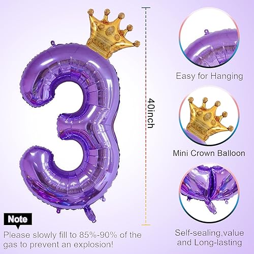 Miniatura 2 de Globo morado de 40 pulgadas con número 3 y corona pequeña para decoraciones de fiesta de cumpleaños, decoraciones de fiesta de tercer cumpleaños