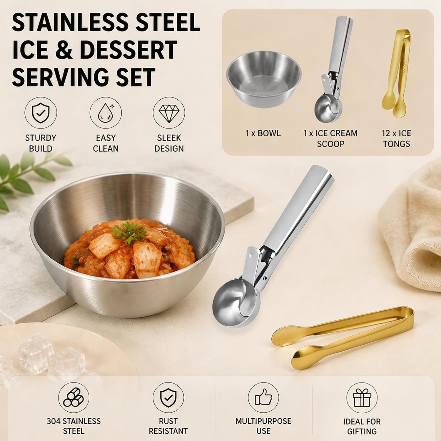 Ice Cream Scoop Set - Ice Tongs - Ice Cream Scoop - Stainless Steel Bowls
