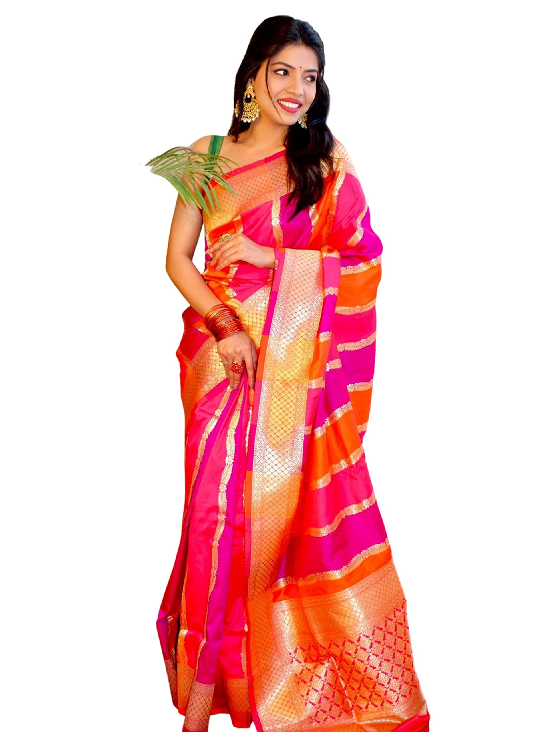 KNETLIWomen's Banarasi Silk Saree Traditional Zari Work Saree for with Unstitched Blouse
