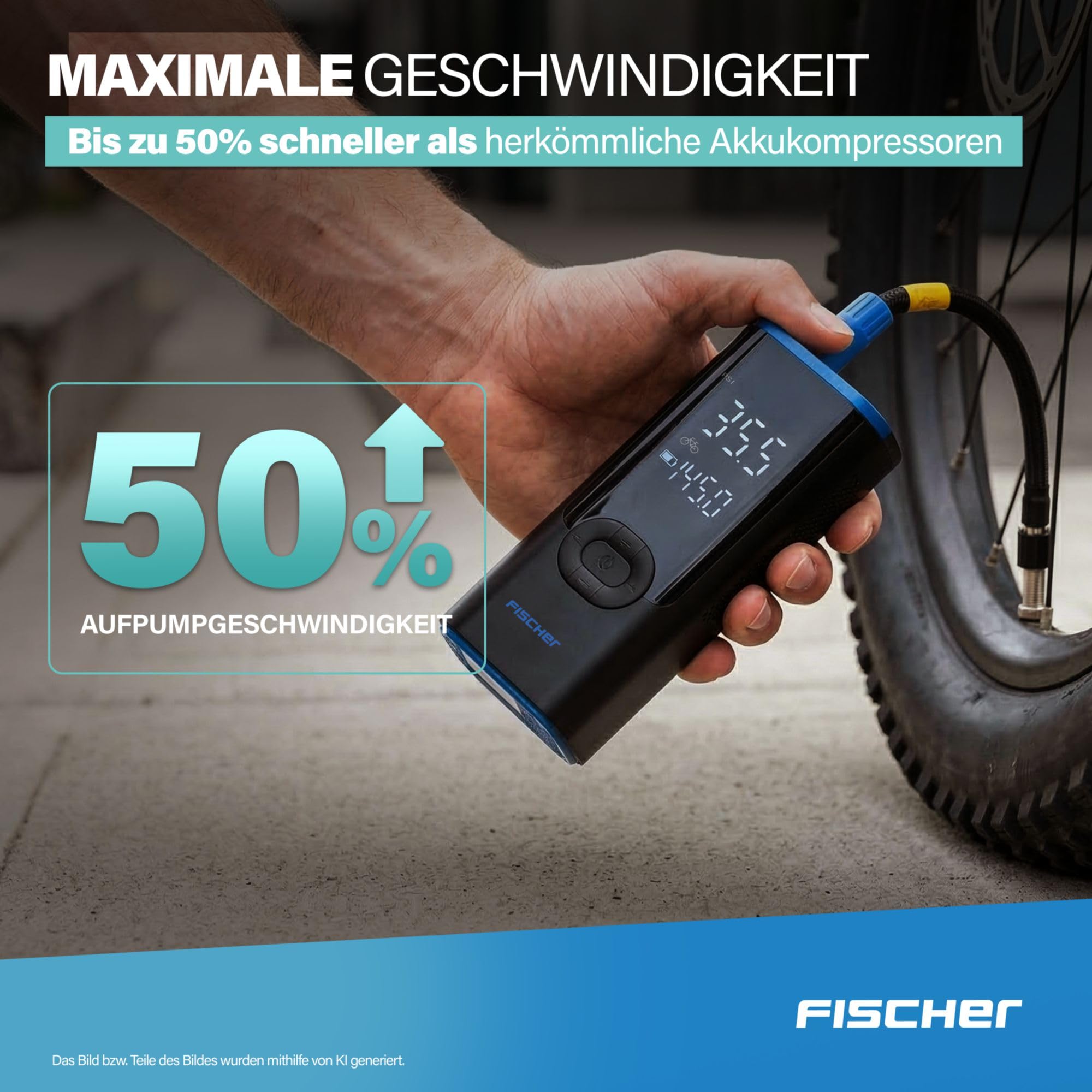 Fischer Akku-Kompressor AP Power Duo inkl. Powerbank, schnelles Aufpumpen, Einstellbarer Zieldruck mit Autostop, Taschenlampe mit SOS, Druck und Batterieanzeige, 3 bis 150 PSI, 12 V Autoanschluss