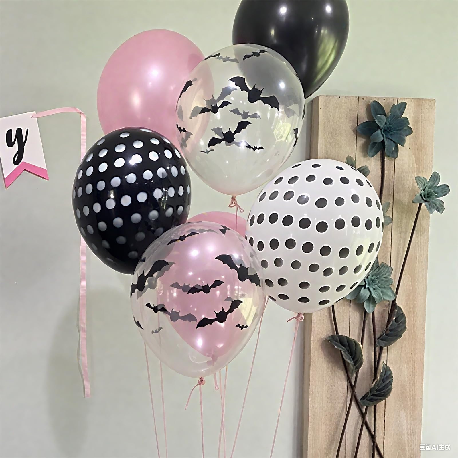 Balony na Halloween, różowy i czarny balon z naklejkami 3D, nadruk nietoperza, balony i balon w kropki, dla dziewcząt, noc, różowy, Halloween, duch, straszne urodziny, baby shower, dekoracja na