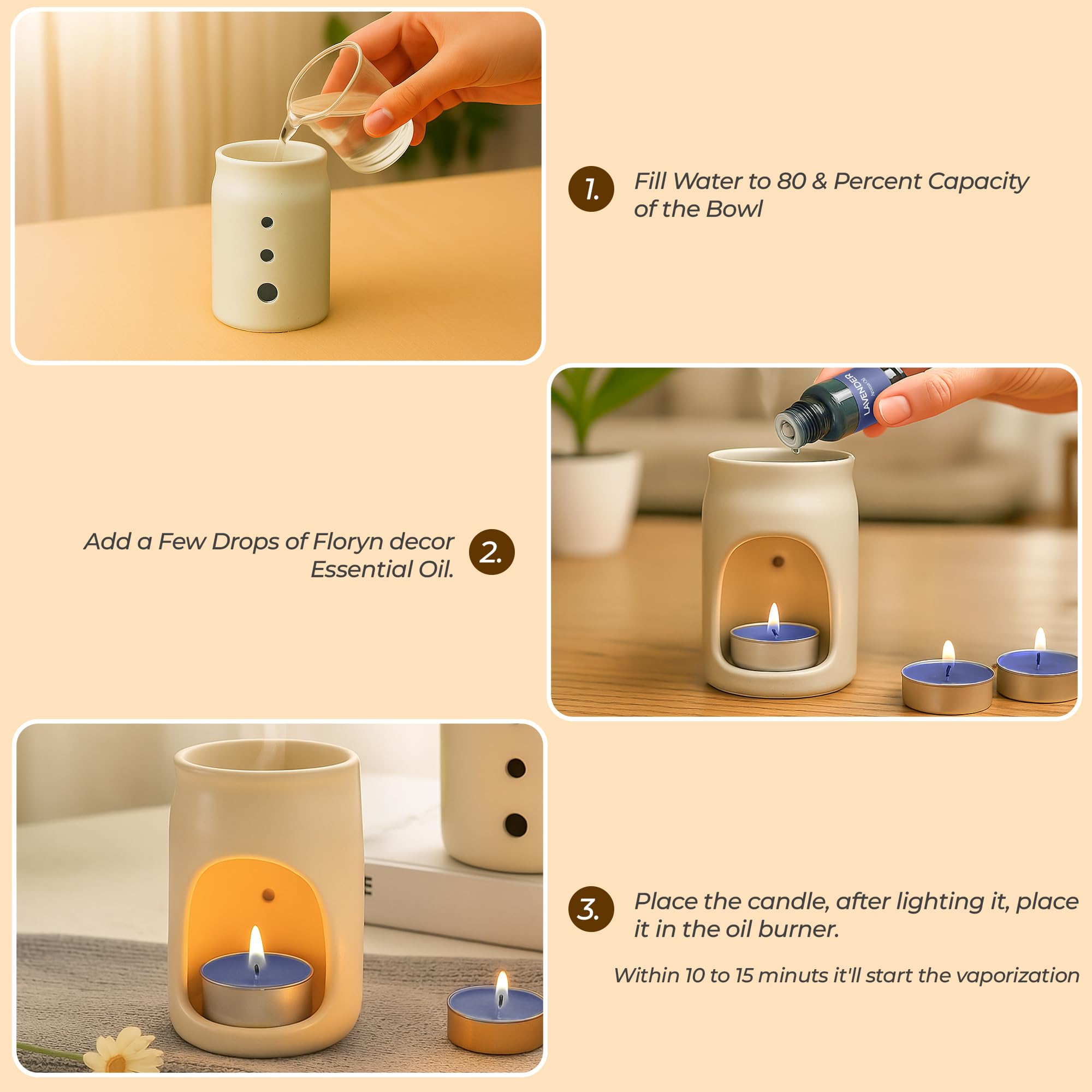 Dolloz Aroma Diffuser Set 3 Dot Ceramic Oil Burner with 2 Tealight Candles & 10ml Essential Oil Compact & Elegant Gift Set for Home, Bedroom, Office & Spa (Lavender) 3