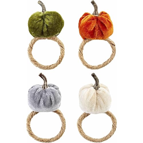 Velvet Pumpkins Plush Napkin Rings Fall Multi Colors Set of 4