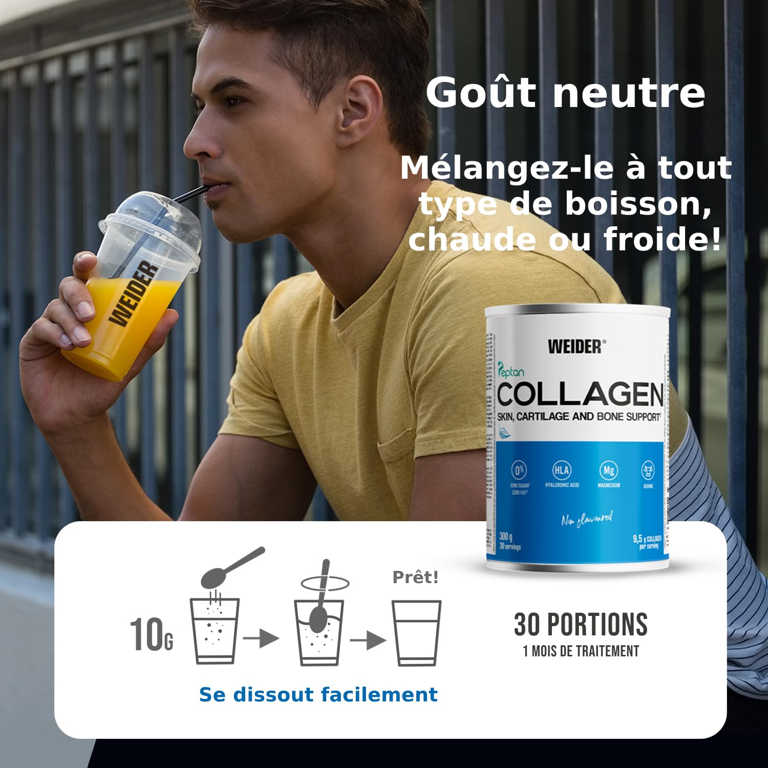 Weider Collagen Pack DUO. Peptide de collagène hydrolisé Peptan Enrichi d’acide hyaluronique, de magnésium et de vitamine C. Pour la santé des os et des articulations. Sans arôme. 300g
