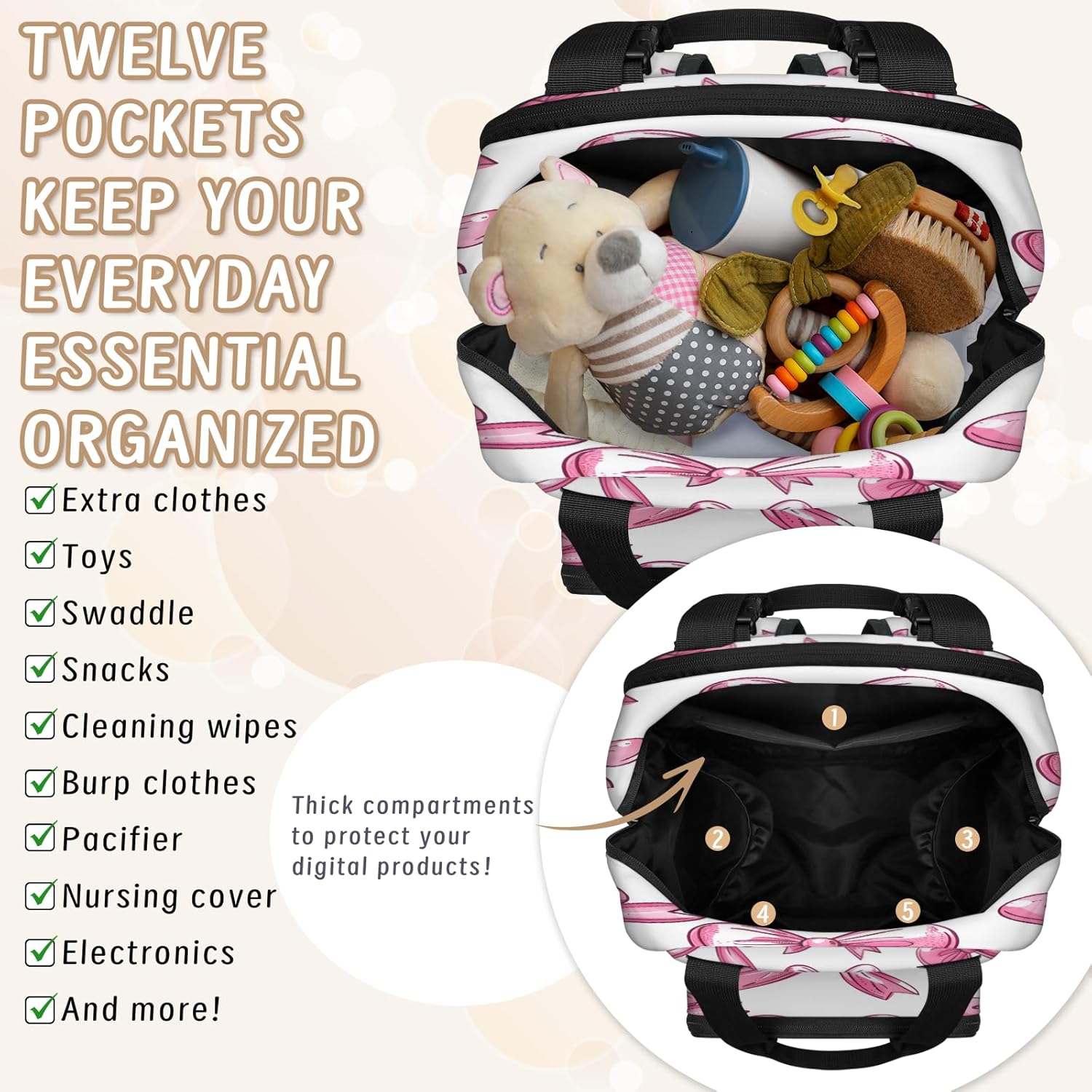 Baby Diapers Bag Backpack, Bows Waterproof Large Baby Bag for Mom Dad, Bow Tie Knot Travel Diaper Bag Backpack