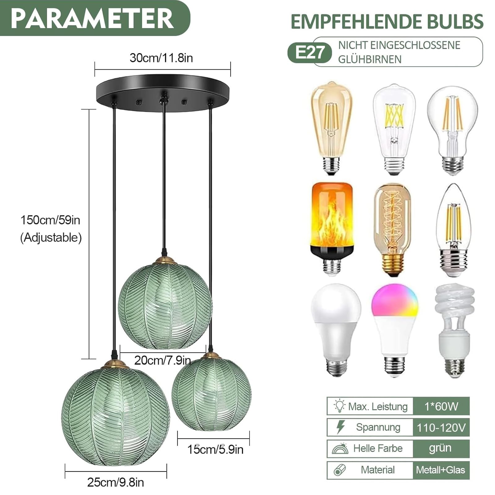 Genérico Lámpara Colte De Tres Brazos con Pantalla De Cristal Verde, Altura Regulable, Pantalla De Cristal Texturizado, Certificación Ul, Apta para Cocina, Comedor Y Sala De Estar (3 Set)
