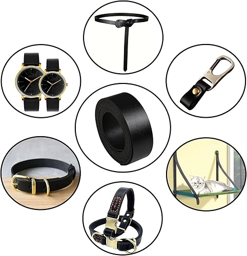 Miniatura 5 de Picheng Tira de cuero liso negro de doble cara de 72 pulgadas de largo (1 pulgada de ancho) muy adecuada para collares de mascotas, cuerdas de