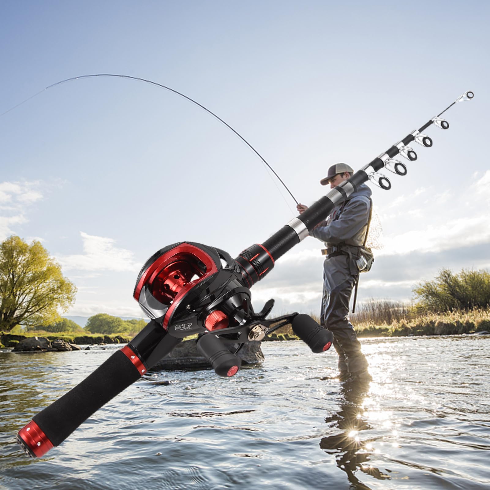 Ensemble Canne à pêche et Moulinet Canne à pêche télescopique de 2,4 m avec Moulinet baitcasting à Droite