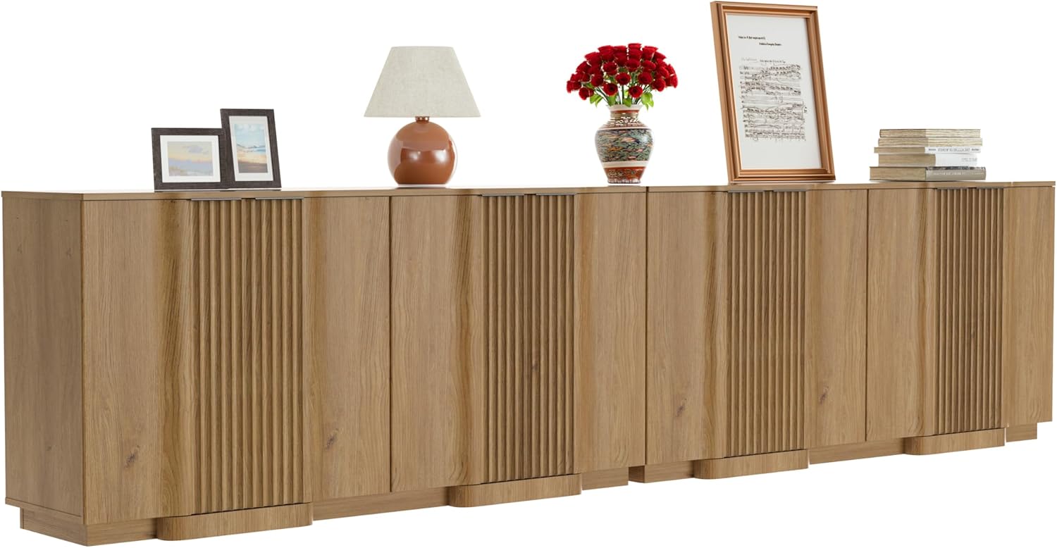Yechen Buffet Cabinet with Storage, 110" Accent Sideboard Modern Credenza Set of 2 with Doors & Adjustable Shelves Fluted Media Console Wood Coffee Bar Table for Living Kitchen Dining Room